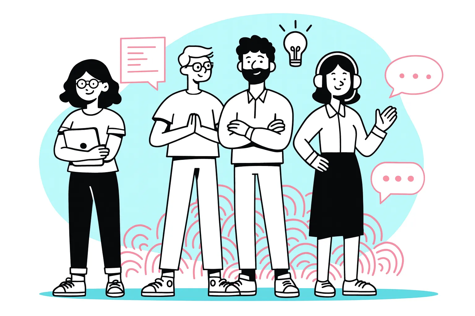 Illustration of the GeeksProgramming team with chat bubbles, helping students with code