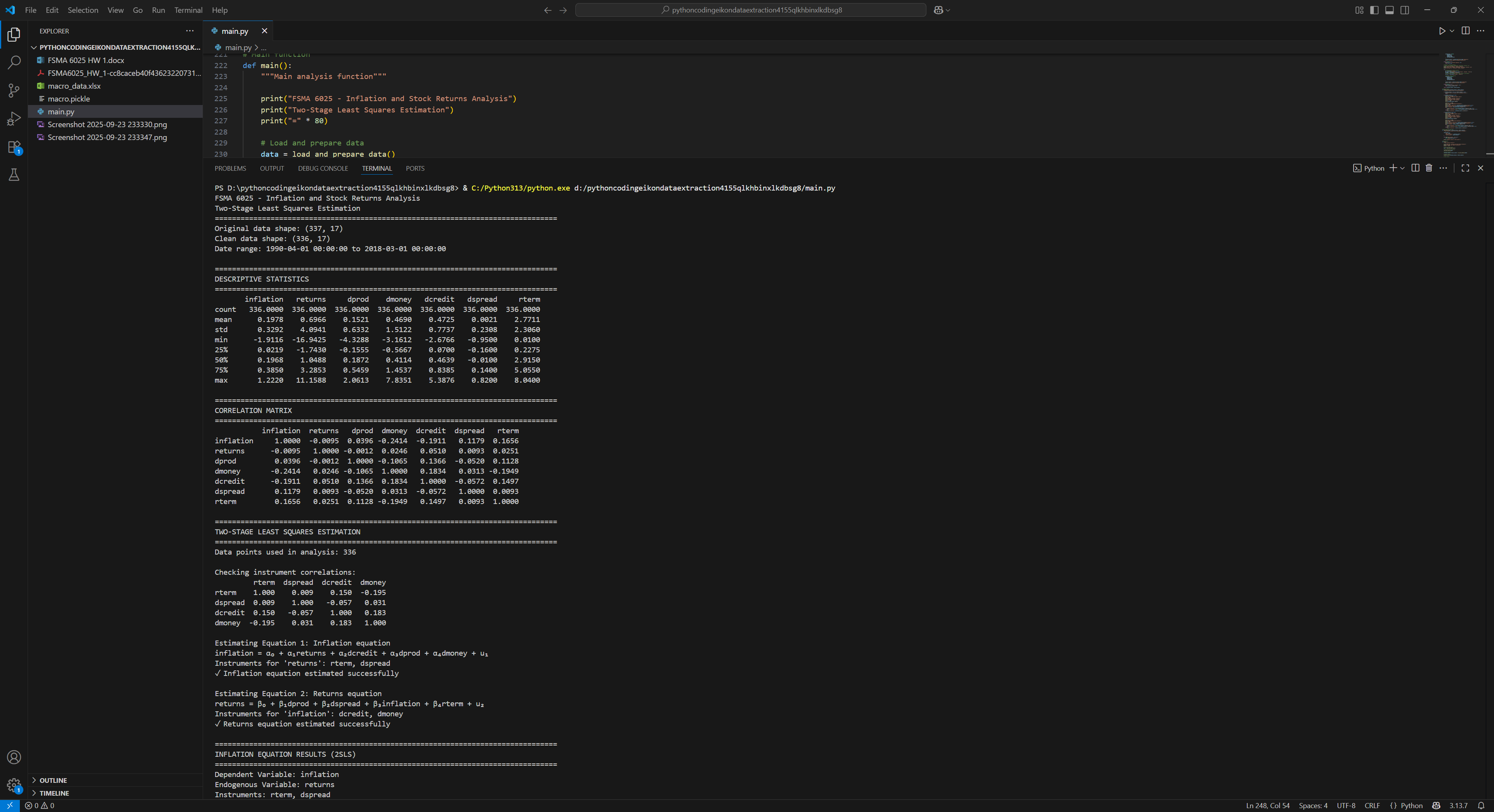 Python execution showing the cleaned data shape, date range, descriptive statistics, and correlation matrix
