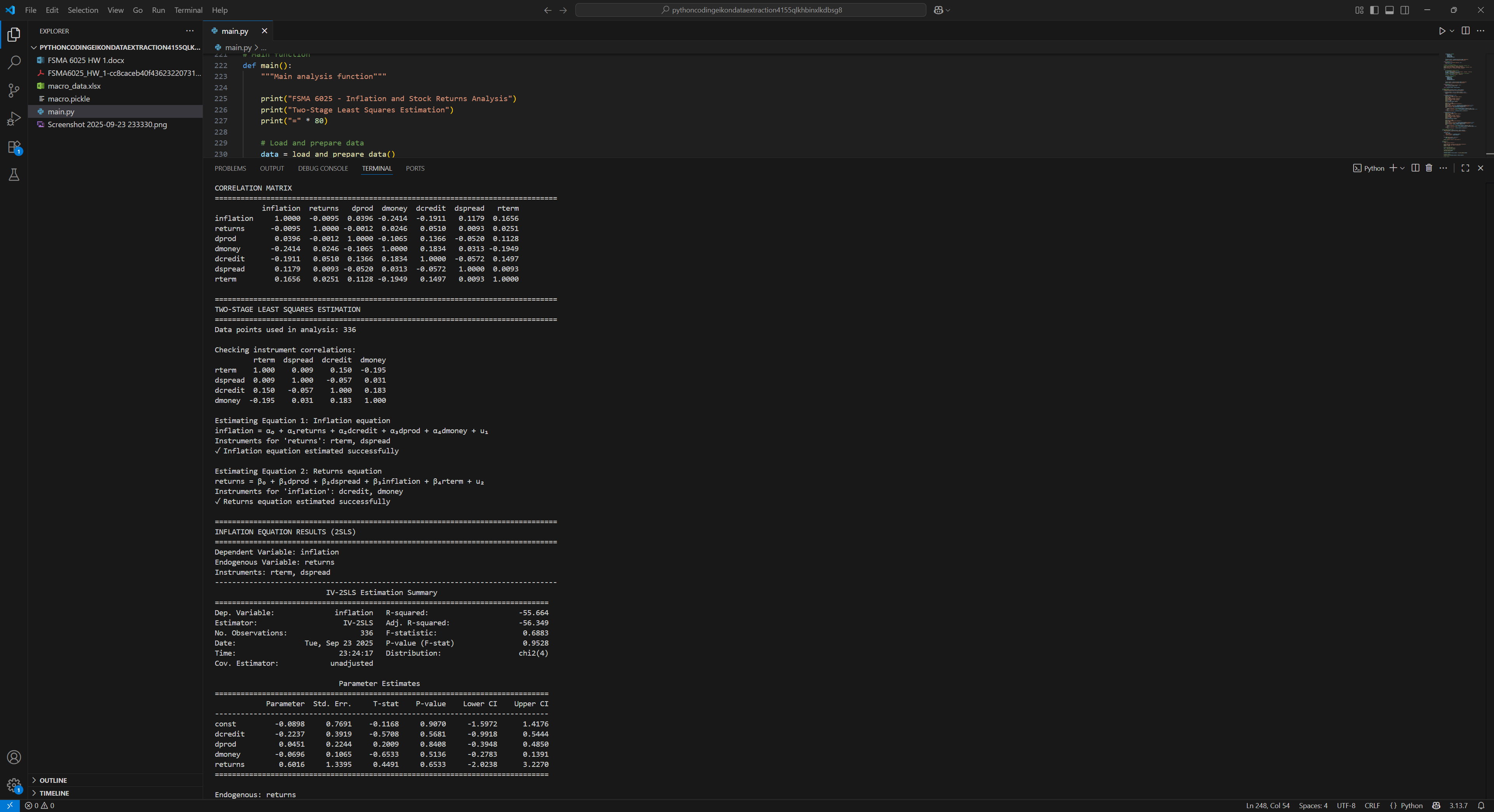 Python output showing the instrument checks and inflation-equation IV-2SLS setup