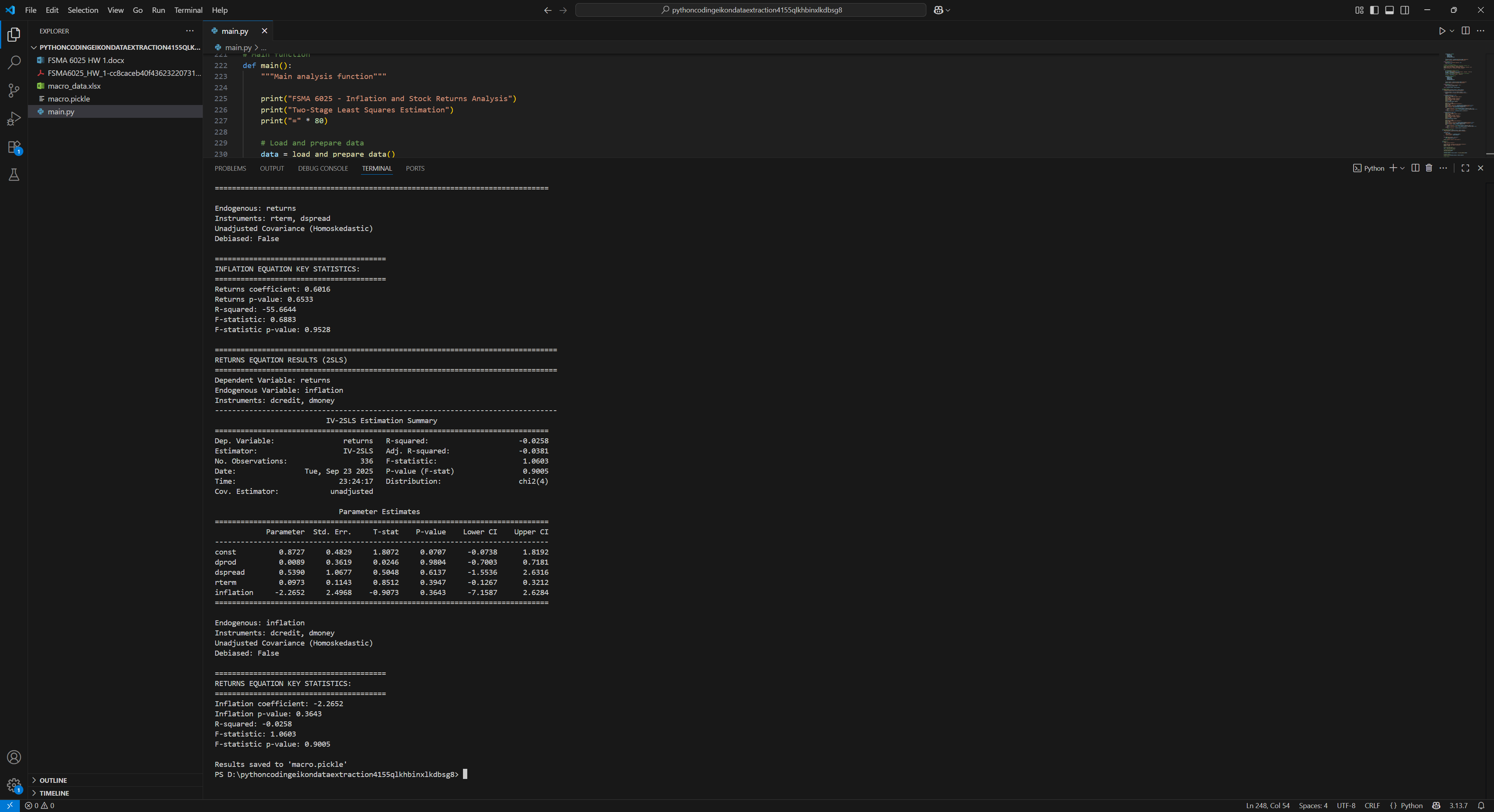 Python output showing the reported IV-2SLS coefficients for both equations and the saved macro.pickle file