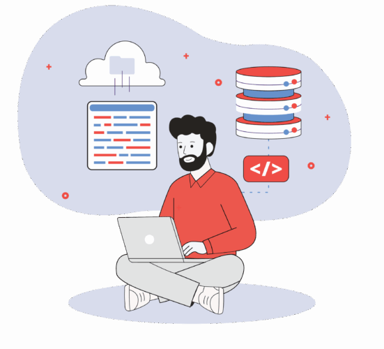 GeeksProgramming database expert at a laptop with an SQL query panel and a stack of database tables