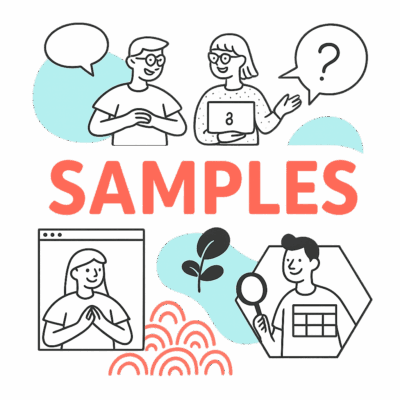 Illustration of GeeksProgramming tutors reviewing code samples, with the word Samples