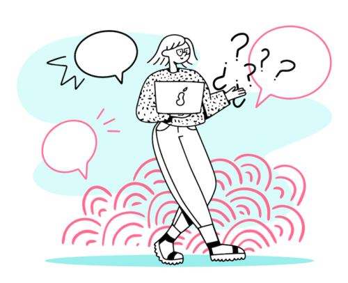 Student walking with a laptop surrounded by question-mark chat bubbles about programming help pricing