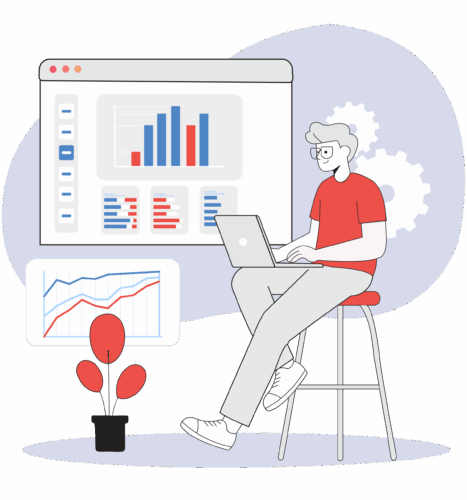 Statistics student at a laptop beside a dashboard of bar charts and a regression trend line