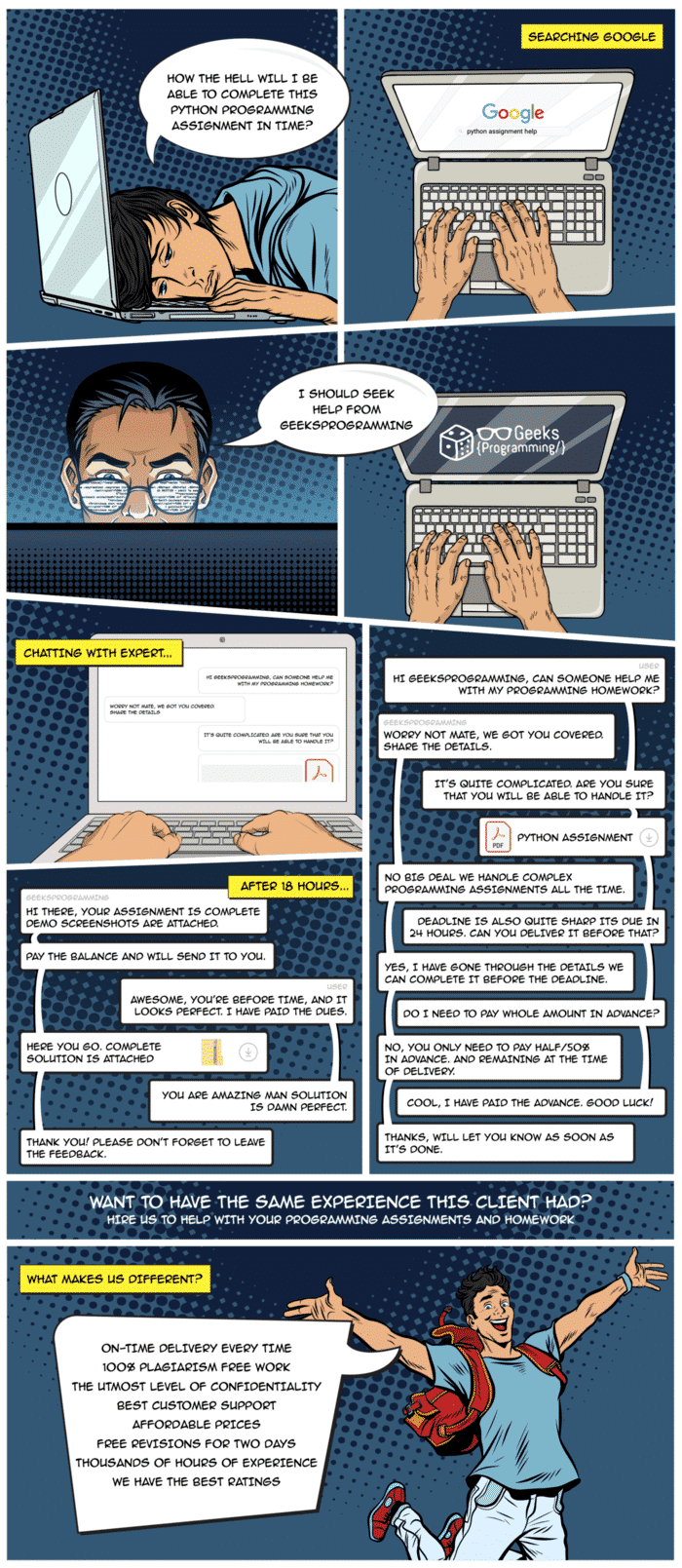 Comic Infographic explaining how a student get find and hire and someone to do my python homework