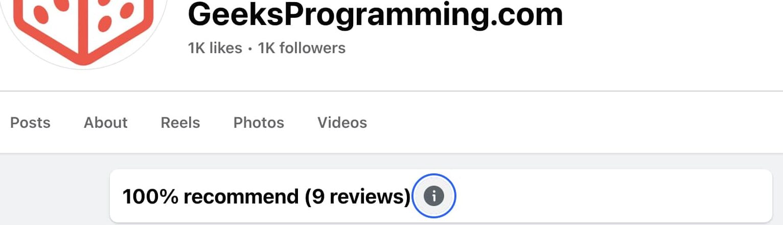 Screenshot Of Geeksprogramming Reviews Summary On Facebook. Users Recomond It 100% Based On Reviews On Facebook.com Page Of Geeksprogramming
