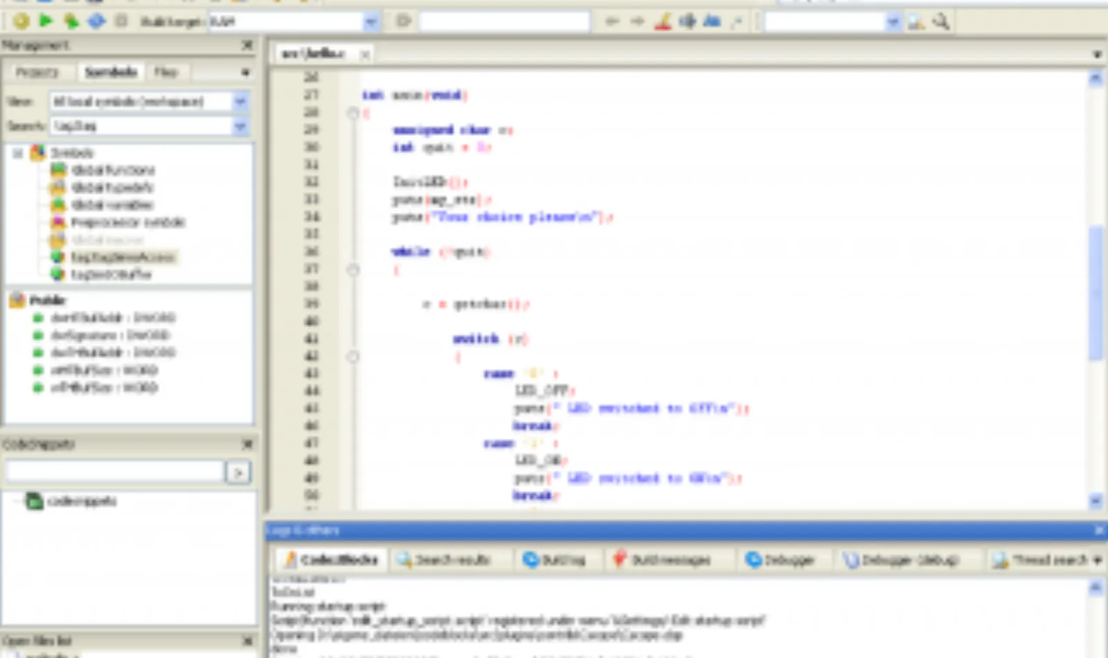 Code::Blocks editor showing a C++ project