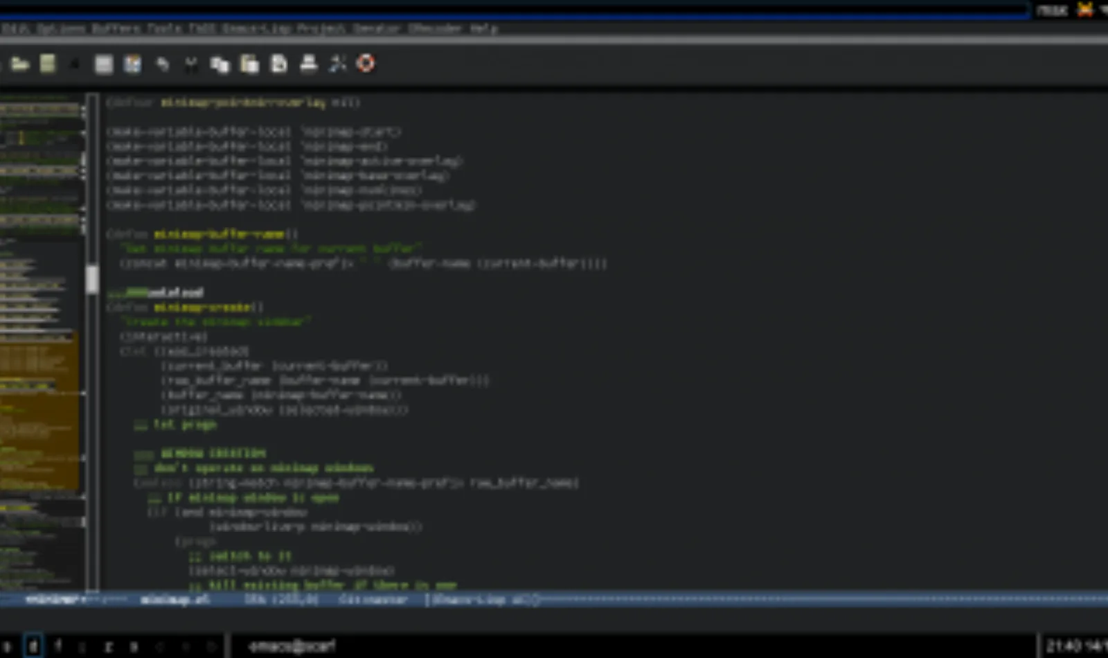 Emacs editor with minimap showing a Python file