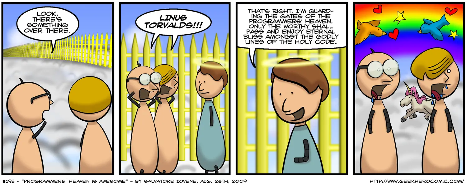 A programmer's comic strip showing a developer reluctant to write tests, captioned Programming Heaven