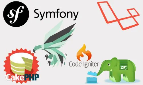 Side-by-side logos of seven popular PHP frameworks: Laravel, CodeIgniter, CakePHP, Zend, Yii, Symfony, and Phalcon