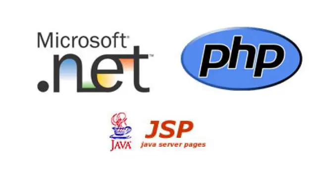 Side-by-side comparison of PHP, JSP, and ASP code snippets on a dark terminal background