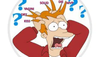 DRY, KISS, YAGNI and SOLID software design principles shown as labeled acronym tiles