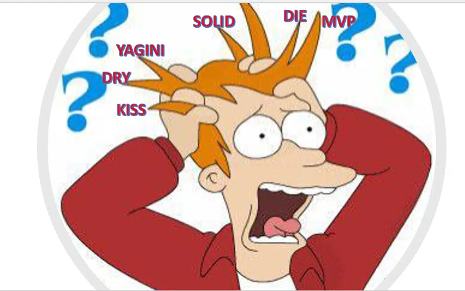 DRY, KISS, YAGNI and SOLID software design principles shown as labeled acronym tiles