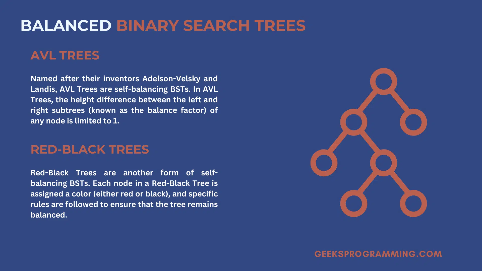 Balanced BST types: AVL Tree and Red-Black Tree with node coloring (Infographic)