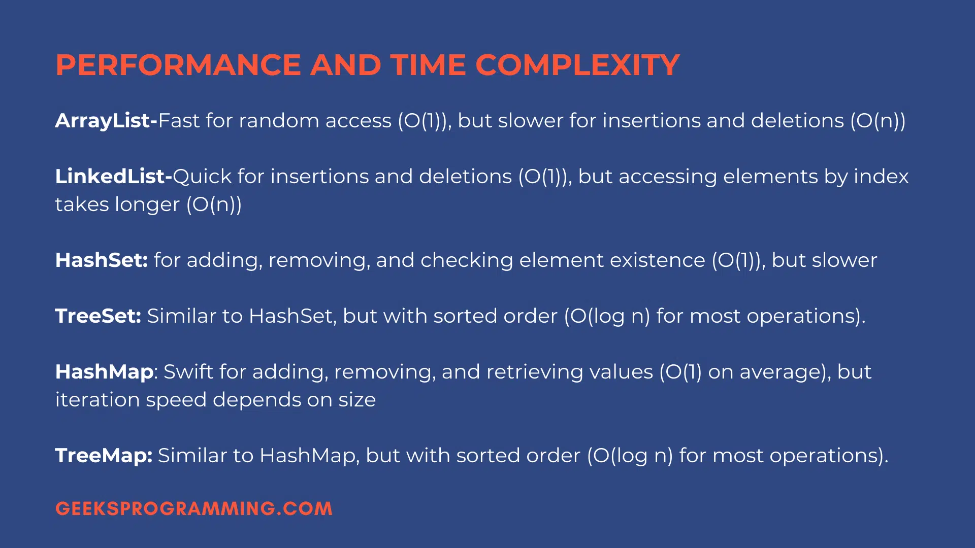 GeeksProgramming chart of Java collection operation time complexity