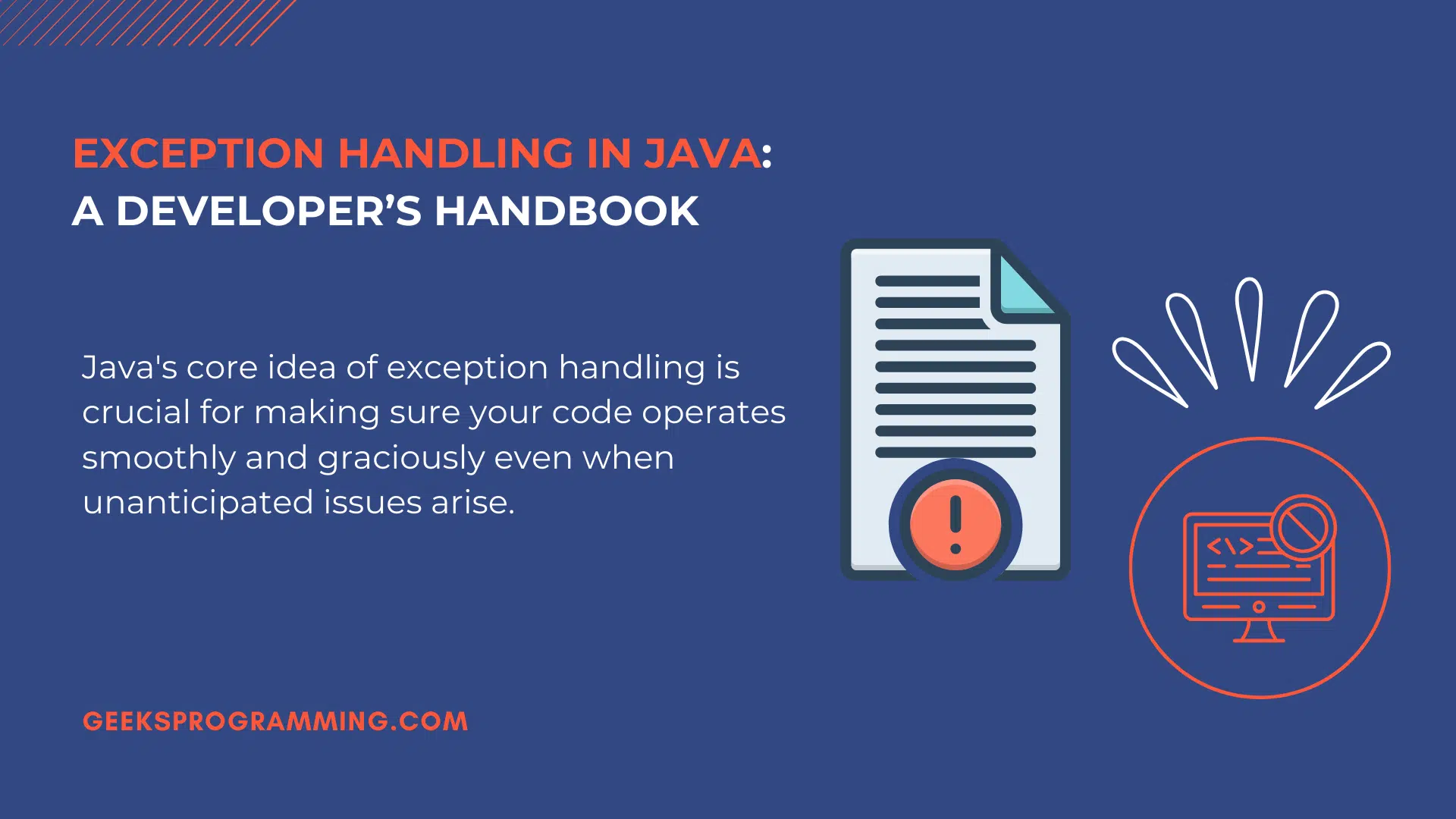 Java exception handling concept showing a try block routing an error into a catch block