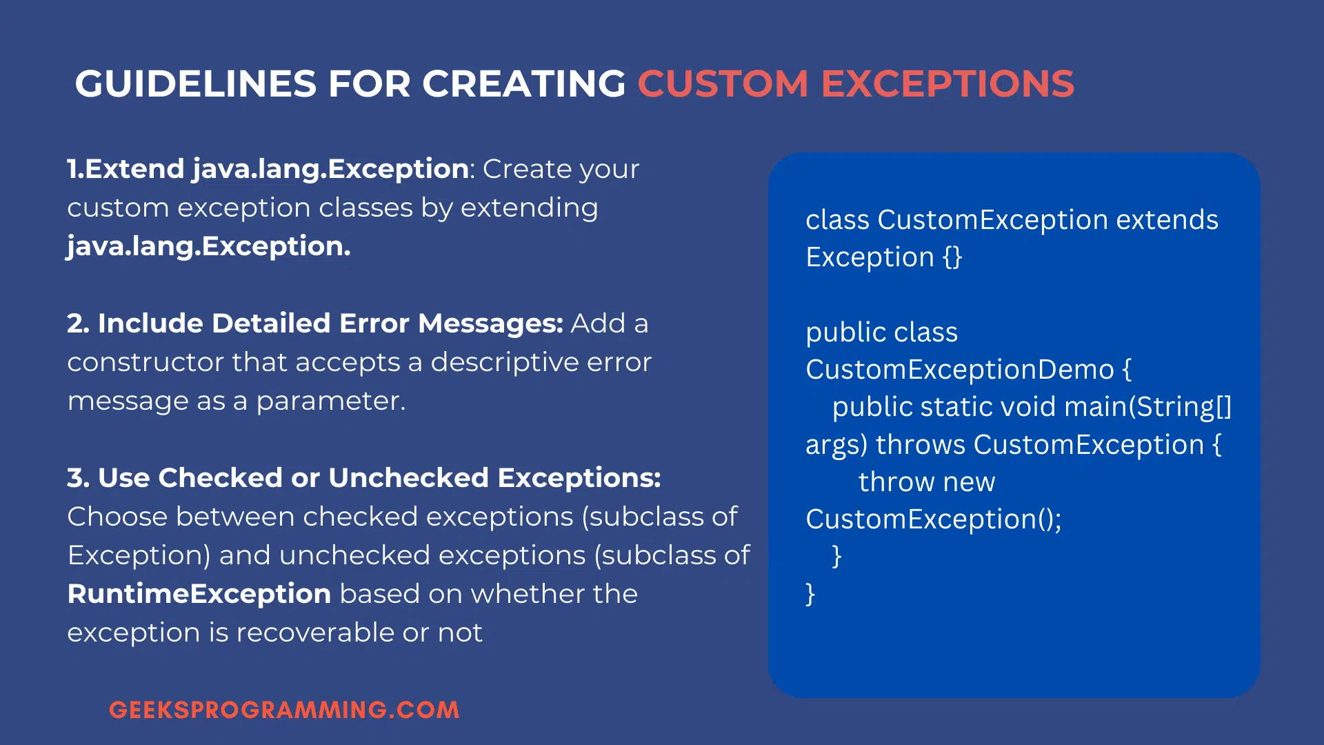 GeeksProgramming Java tutors reviewing custom exception class design on screen