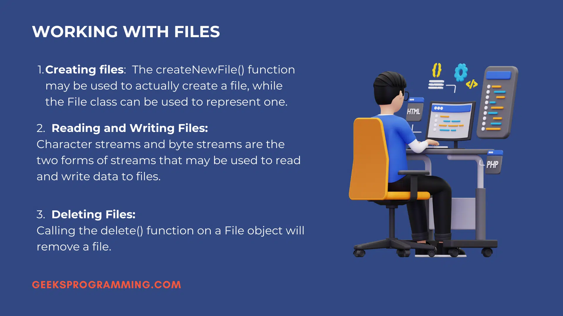 Reading and writing files in Java with input and output streams flowing between program and disk