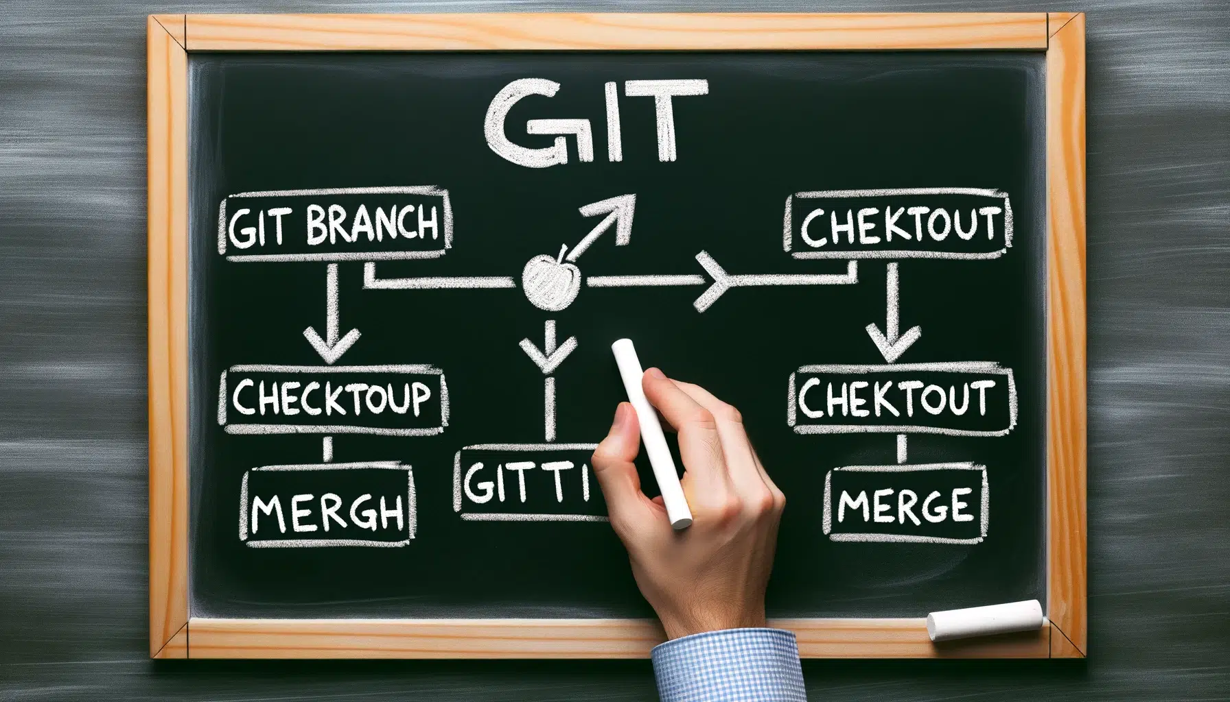 Chalkboard showing handwritten Git commands including git branch, git checkout, and git merge