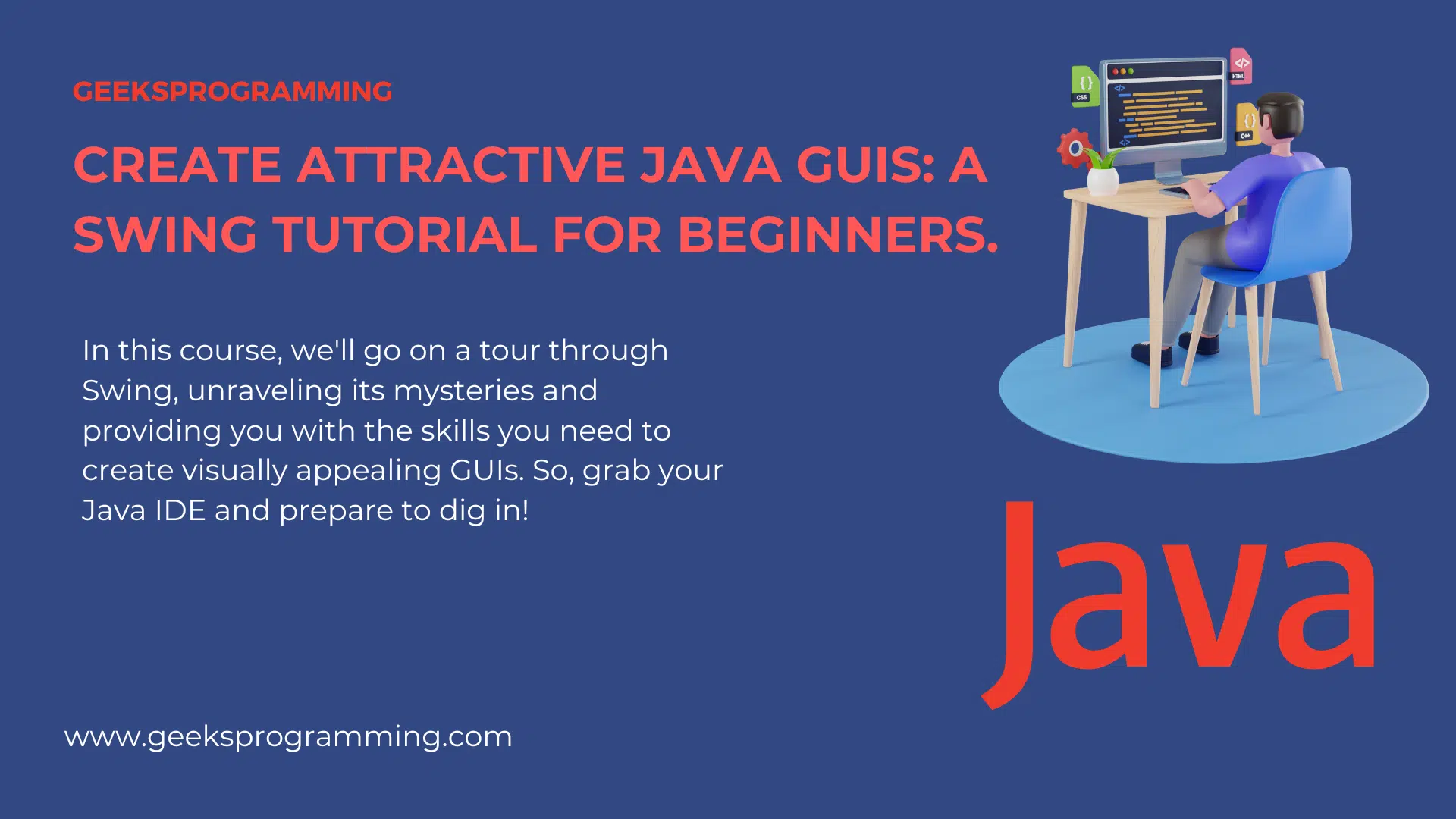 Java Swing tutorial for beginners cover with a desktop window and code editor