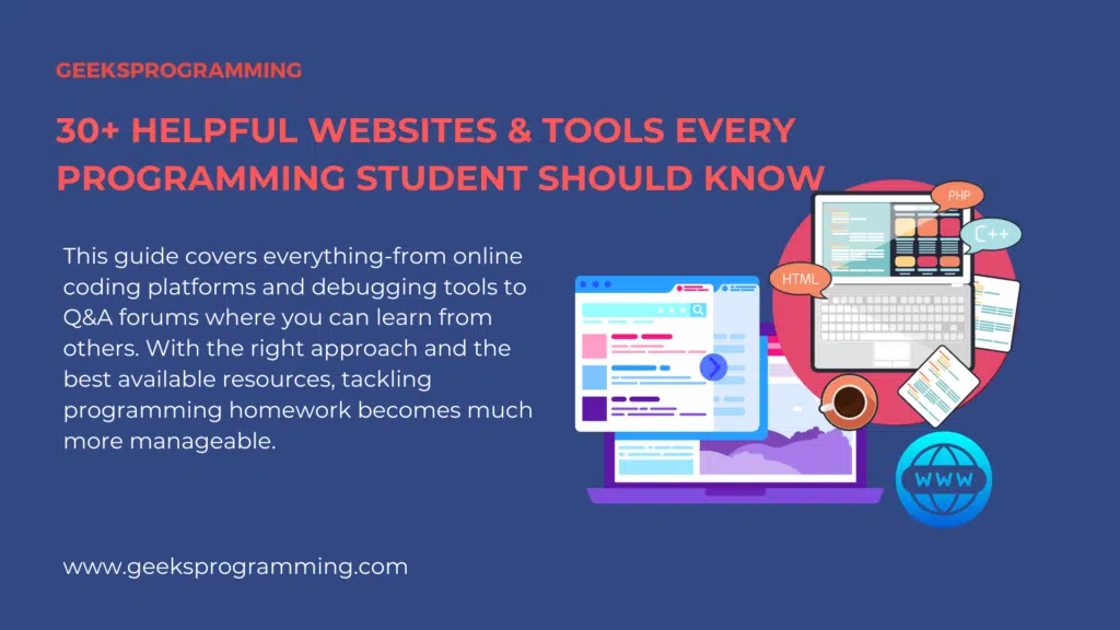 Programming student using multiple helpful websites and tools on a laptop