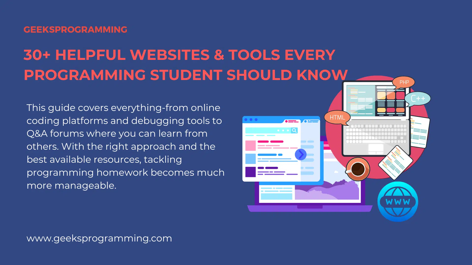 Programming student using multiple helpful websites and tools on a laptop