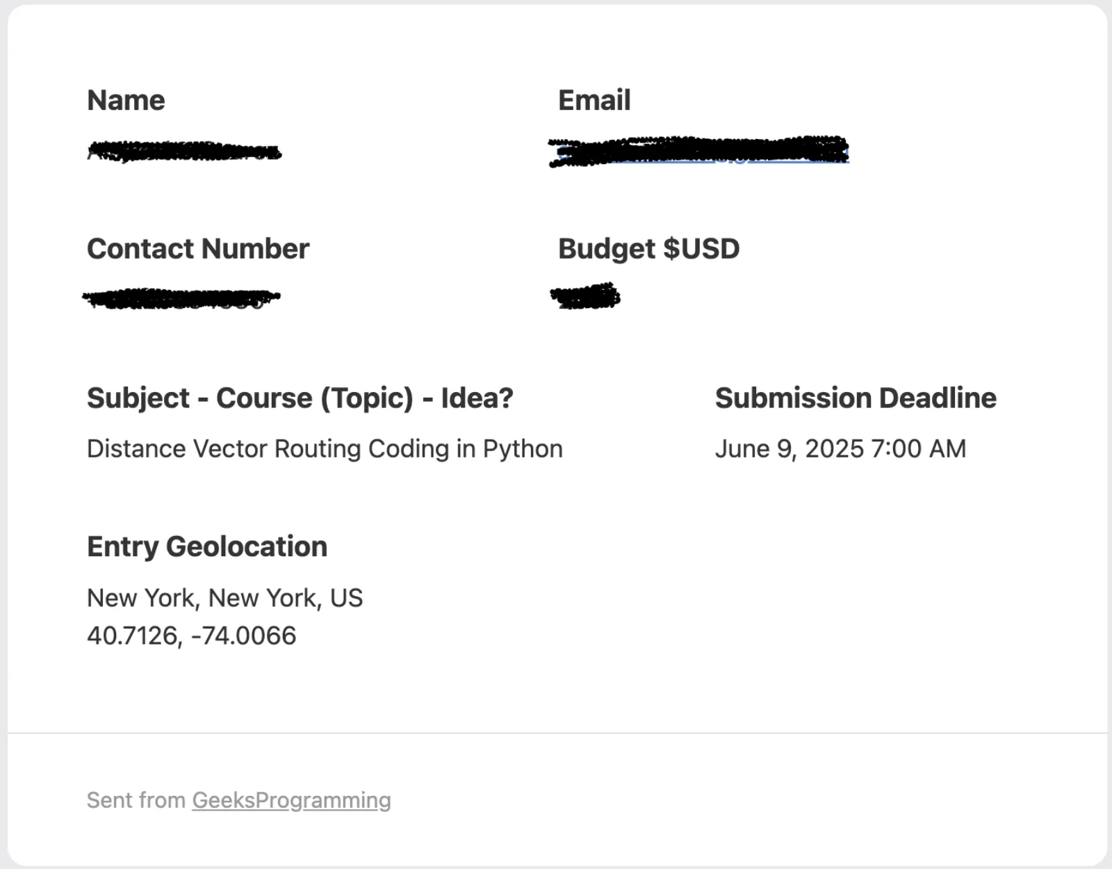 Screenshot of the assignment request received from the student