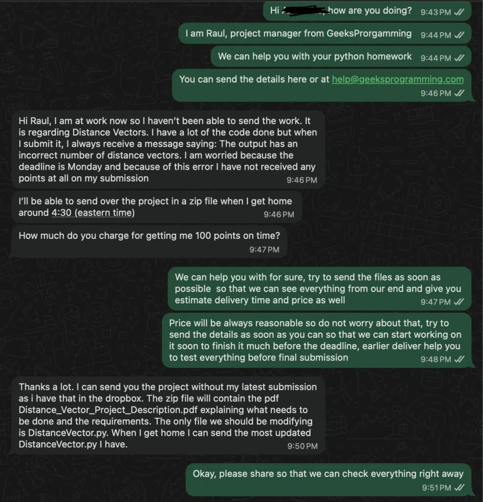 WhatsApp chat showing direct communication between Jack and the assigned developer