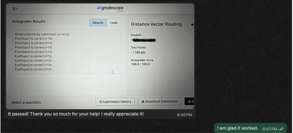 Screenshot of the 100/100 autograder result for the distance vector routing assignment