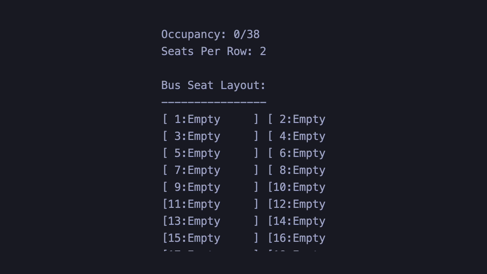 Bus ticketing system dashboard in a terminal showing occupancy, seats per row, and the numbered seat layout