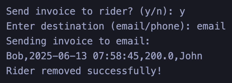 Console printing the invoice string Bob, 2025-06-13 07:58:45, 200.0, John to an email destination