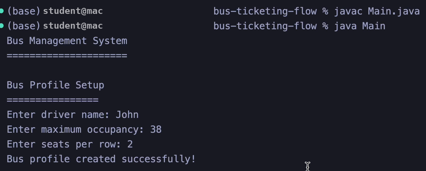 Bus profile setup accepting driver name John, maximum occupancy 38, and 2 seats per row