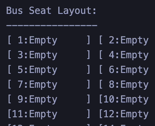 Console seat grid printing seats 1 to 12 two per row, each labeled Empty