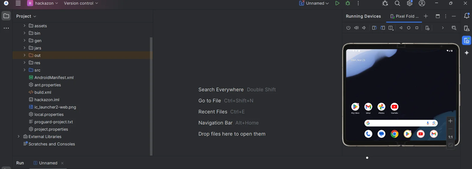 Hackazon project open in Android Studio beside a Pixel Fold emulator used for the mobile-app lab