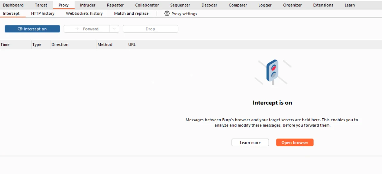 Burp Suite Proxy with interception enabled for the controlled Hackazon test environment