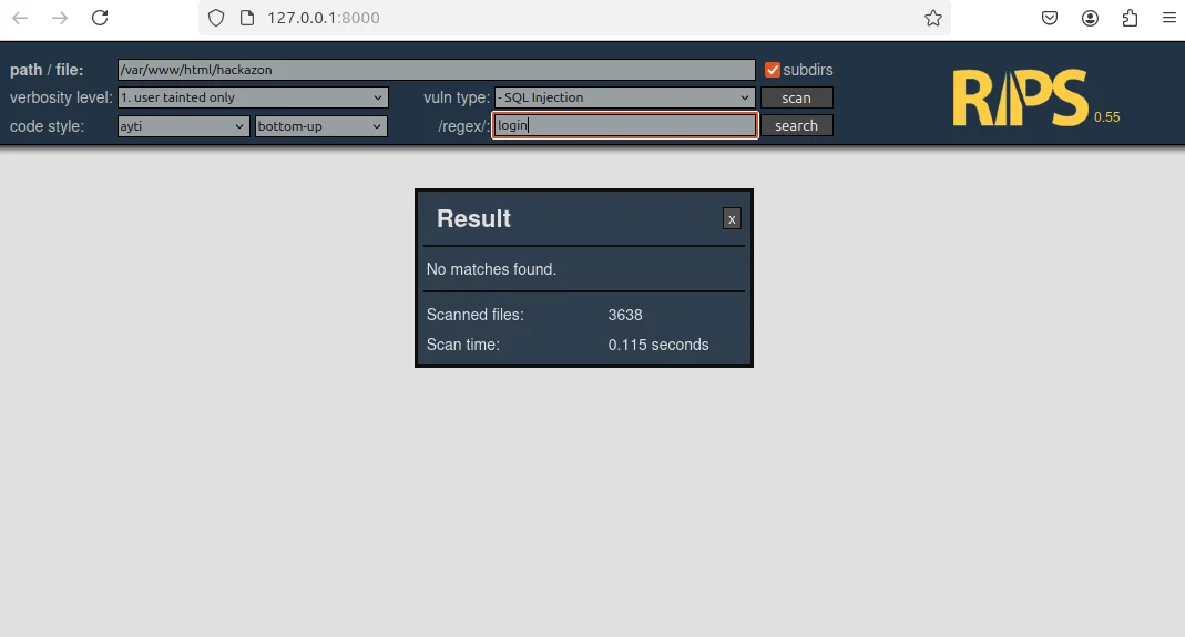 RIPS result showing no match for the checked login-query pattern after the supplied code change