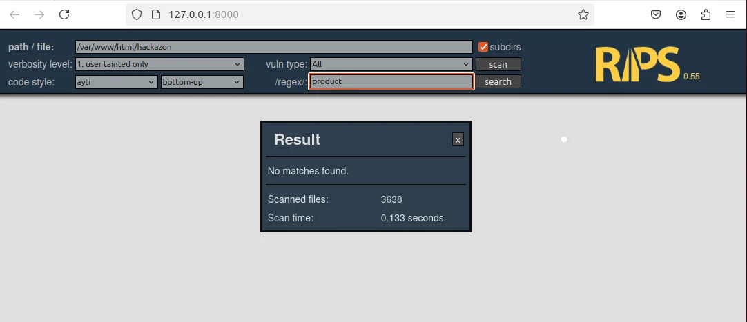 RIPS result showing no match for the checked product-details query pattern in the scanned source
