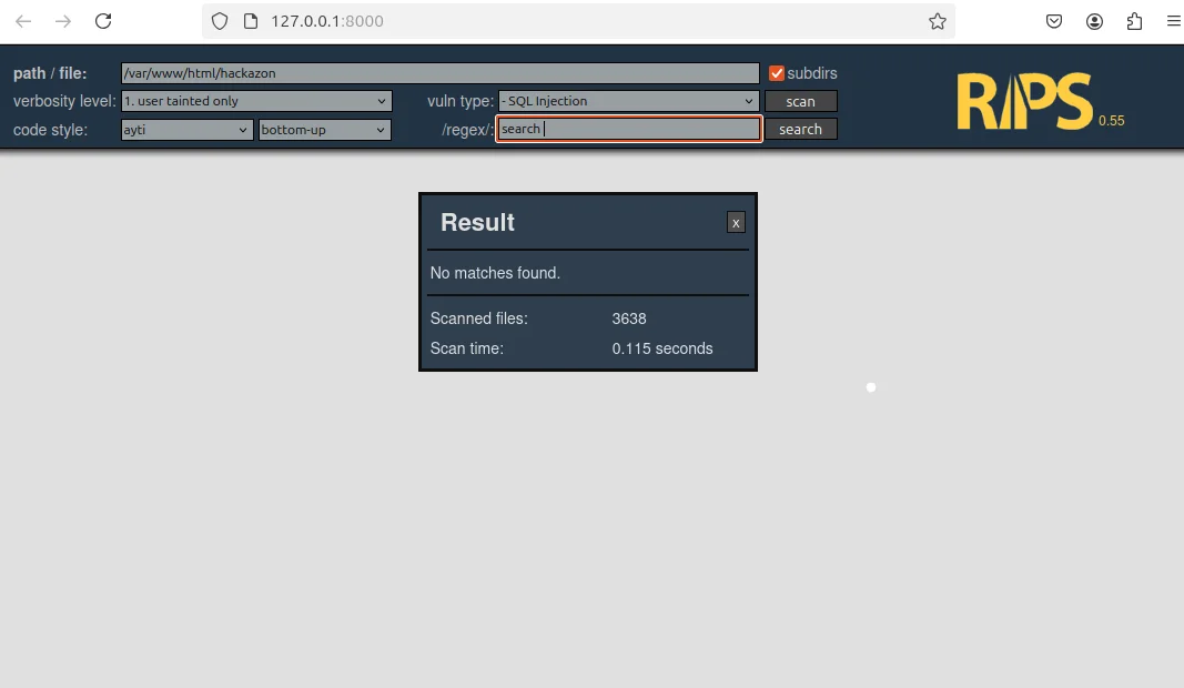 RIPS search result showing no match for the checked product-search query pattern in the scanned Hackazon source