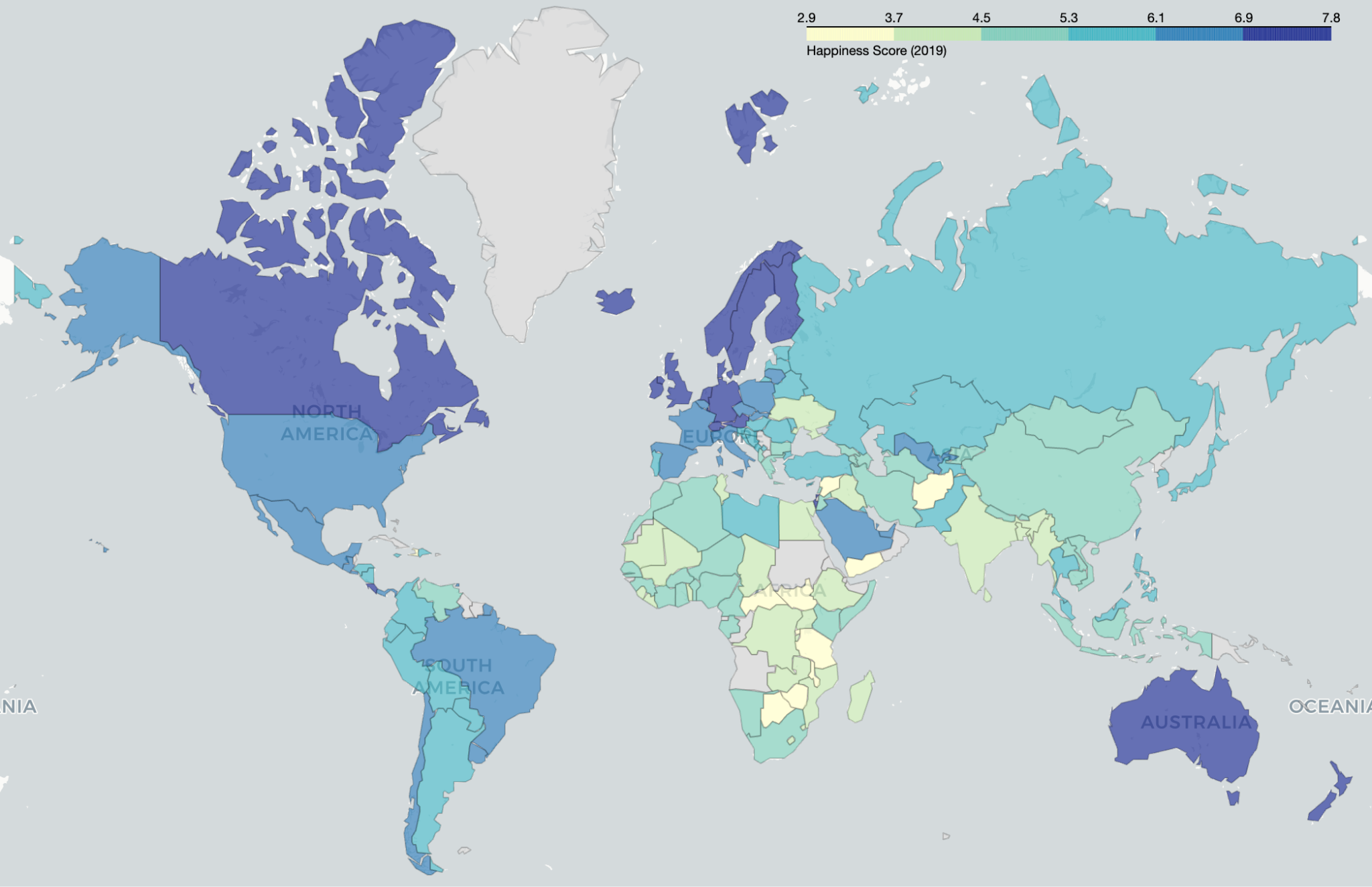 Choropleth world map shading 156 countries by 2019 happiness score from 2.9 to 7.8